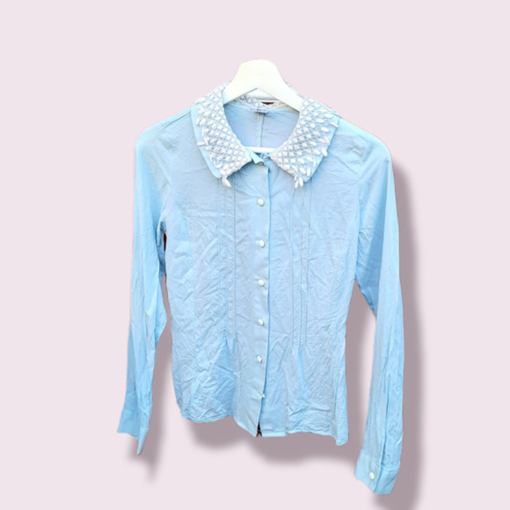 Vintage, K.C. Made in Korea Power Blue Lace Collar Long Sleeve Button Down Shirt